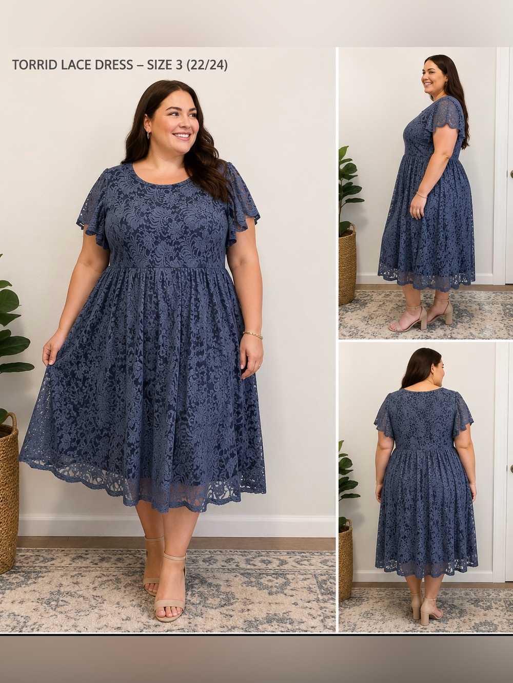 Torrid Blue Floral Lace Fit & Flare Midi Wedding Guest Dress Pockets Sz 3 22/24